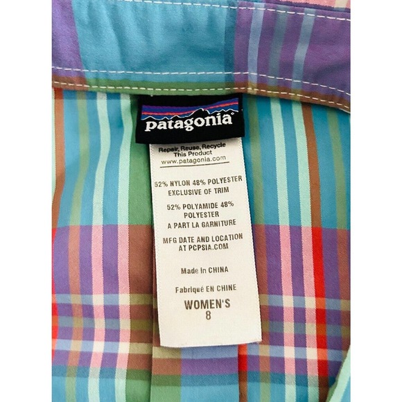 Patagonia | Women's Blue Roll Tab Sleeves Stripe Button Front Plaid Shirt - Picture 10 of 10